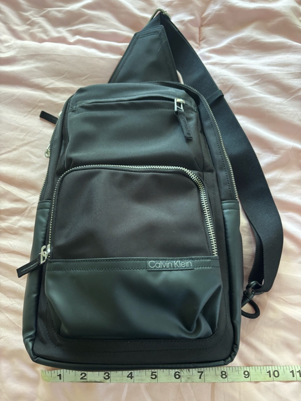 Calvin Klein Black Men's Sling Bag with Silver Zippers - Picture 5 of 8